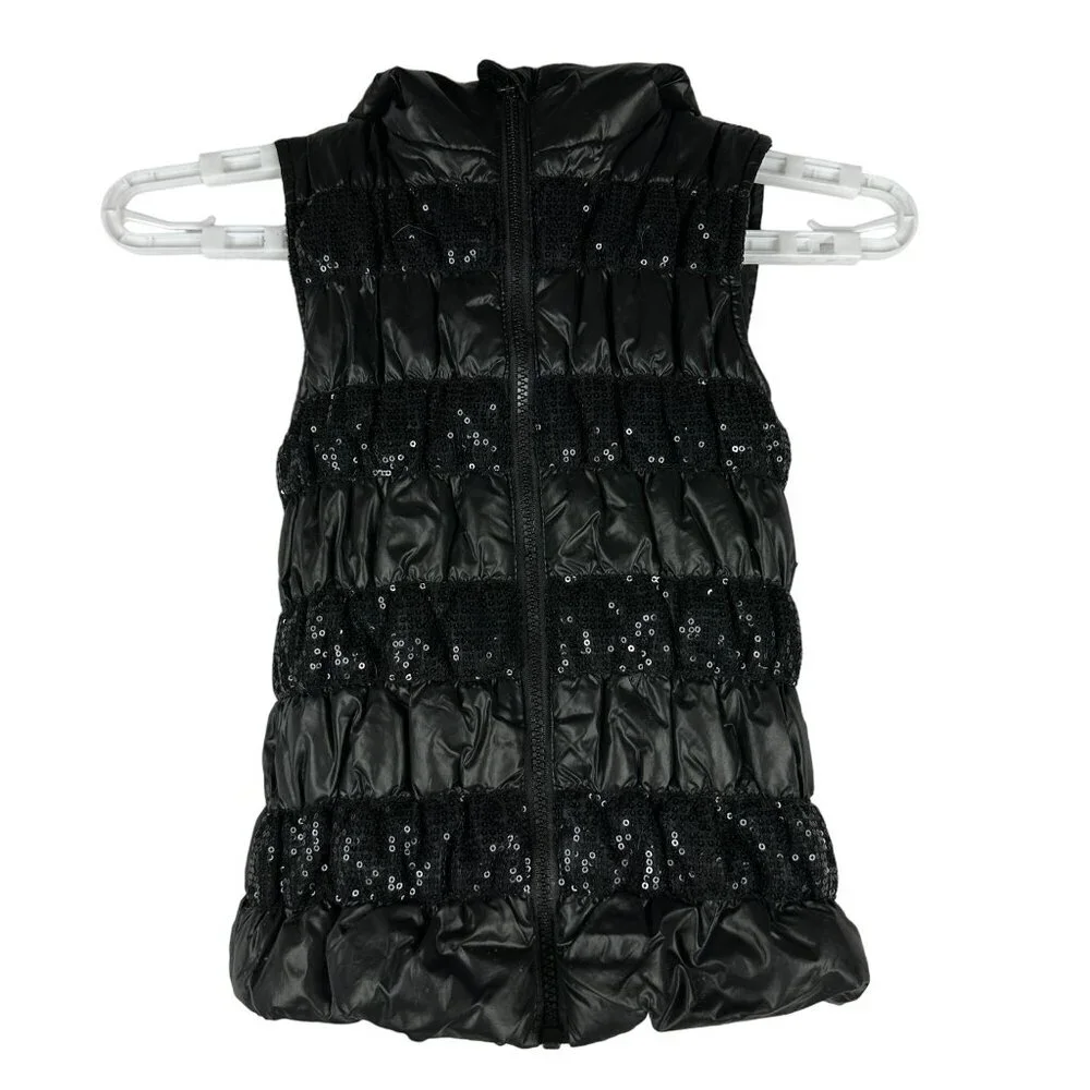 Heart 'n Crush Black Sequin Girls' Puffer Vest With Hood Size S